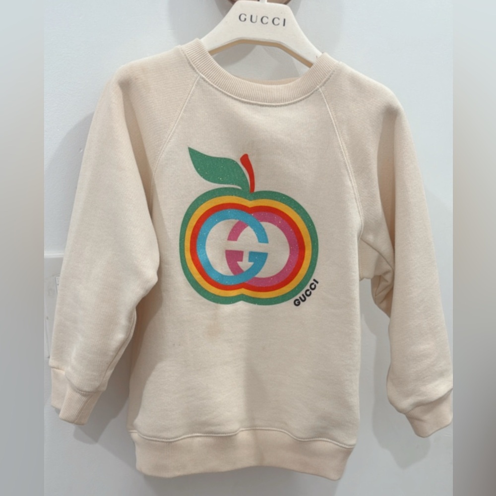 Gucci Kids Cream Hoodie with Rainbow Apple Design